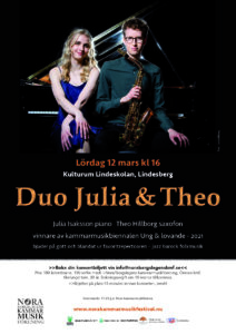 Konsertaffisch 12 mars 2022 Duo Julia & Theo Lindeskolan Lindesberg kl 16