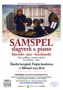 Affisch Samspel Slagverk och piano den 11 februari klockan 16, Åkerby Fåsjön konferens
